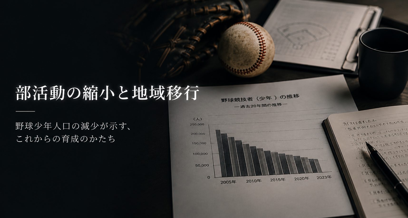 野球少年人口の減少データと野球道具