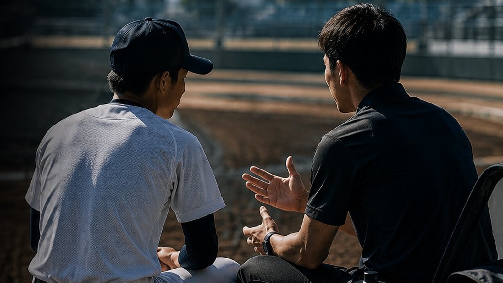 ベンチに並んで座り、話をしている選手とトレーナーの後ろ姿