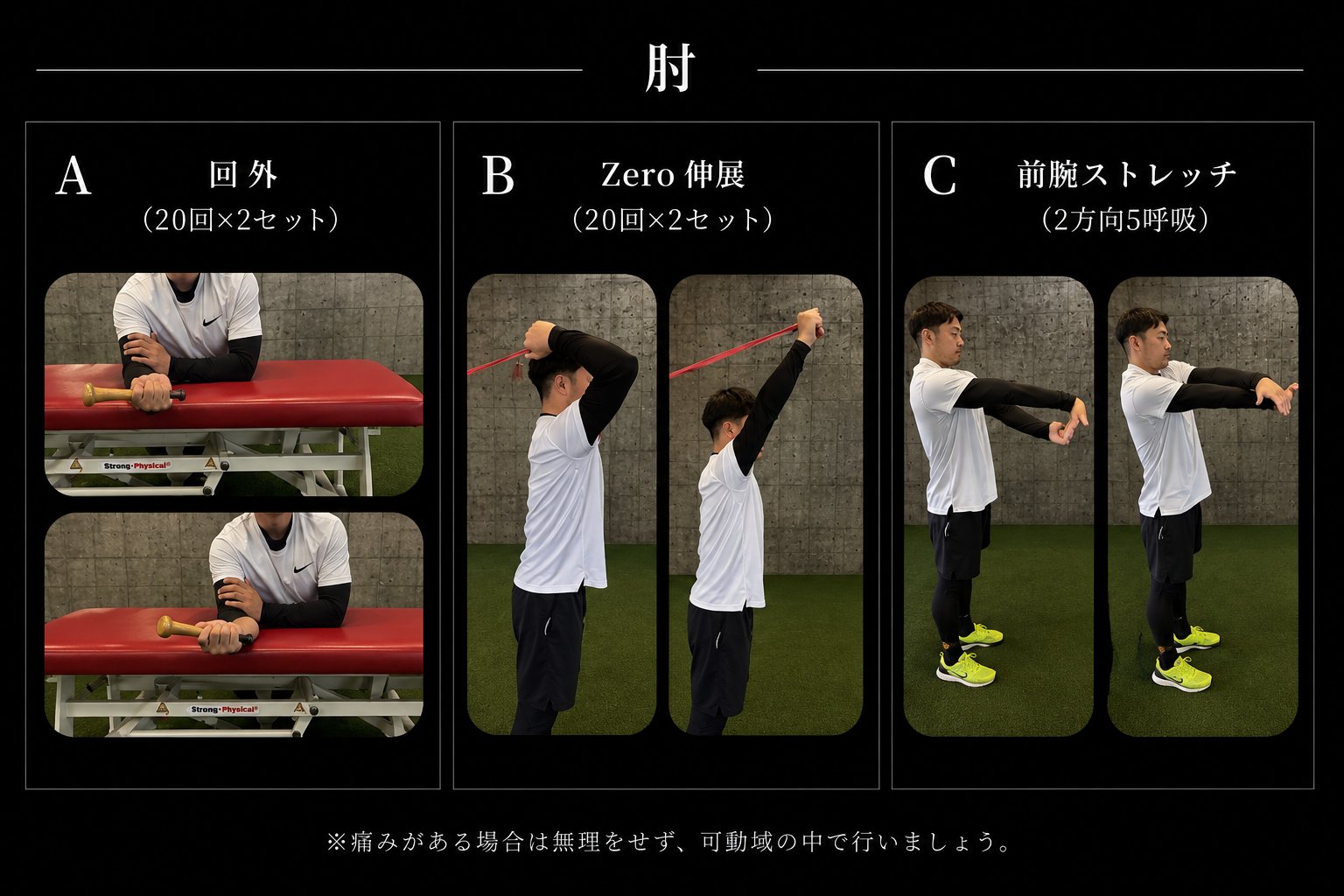 登板後 肘：回外20回×2セット、Zero伸展20回×2セット、前腕ストレッチ2方向5呼吸