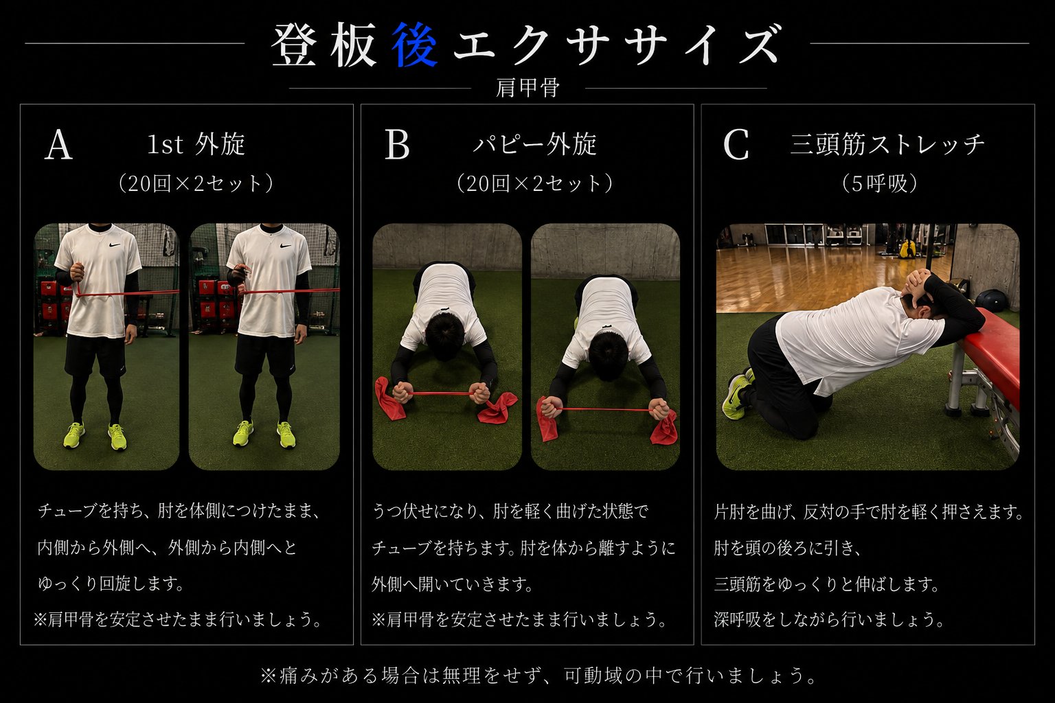 登板後 肩：1st外旋20回×2セット、パピー外旋20回×2セット、三頭筋ストレッチ5呼吸